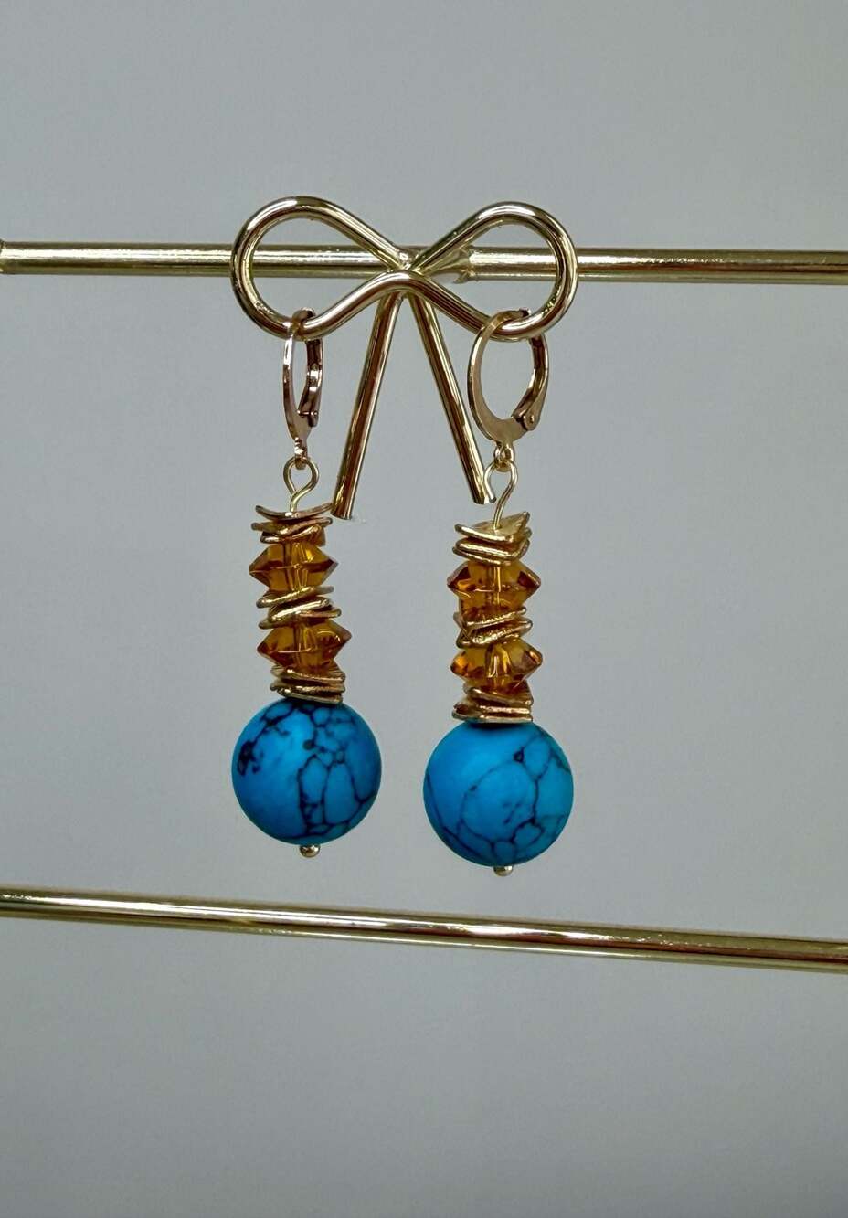Handmade by Fynn Gold-Tone Turquoise Howlite and Amber Crystal Dangle Earrings - Picture 1 of 6